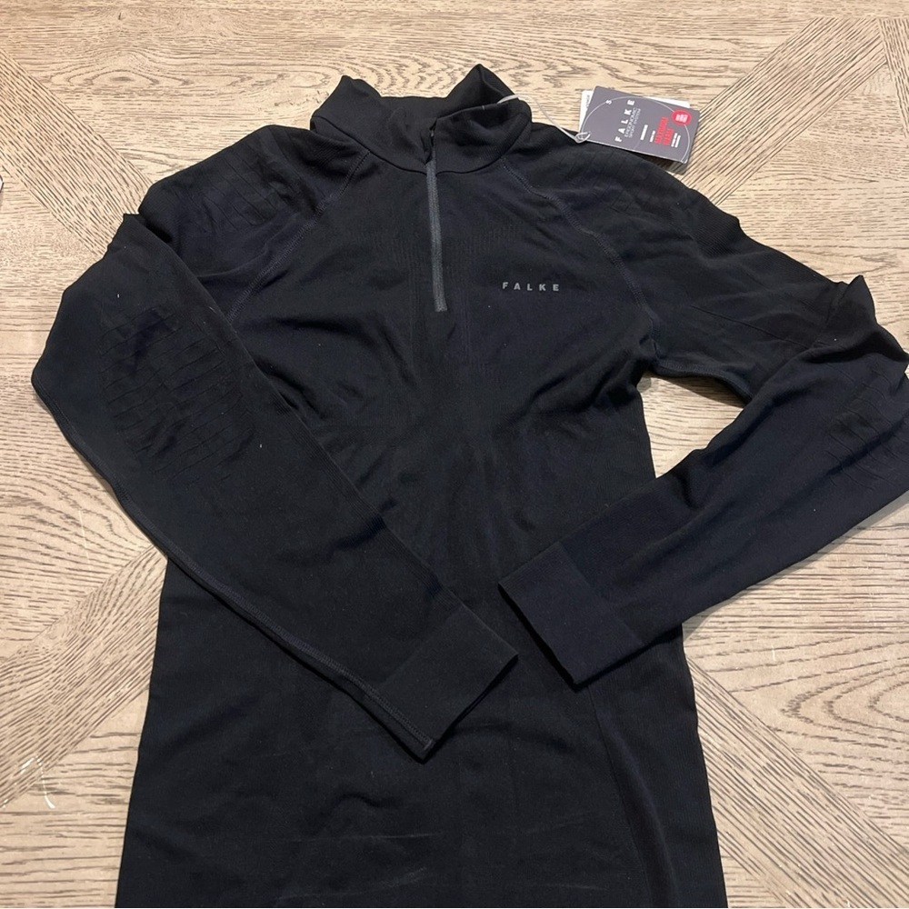 Falke Shirt Mens L Skiing Wool Tec Base Layer Long Sleeve 1/4 Zip Black
